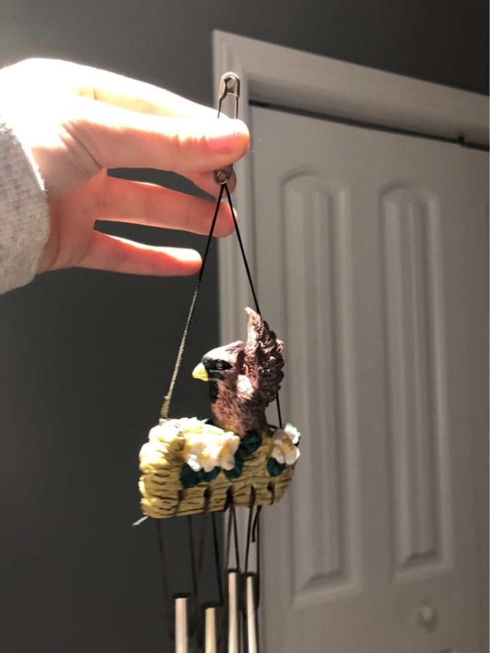 decorative red cardinal floral metal mini wind chime featuring a resin cardinal